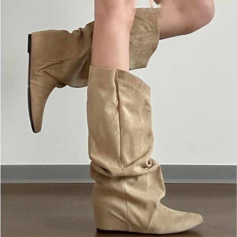 Новый стиль Женские осенне-зимние плиссированные женские ботинки в стиле вестерн, ковбойские ботинки на внутренней платформе, ботильоны-рыцари Zapatos De Mujer