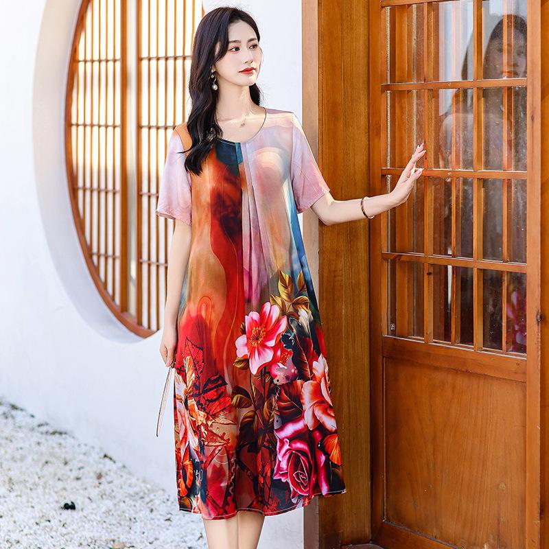 Летнее этническое миди-платье с цветочным принтом из хлопка и шелка – с коротким рукавом, свободного кроя, стройнящая накидка для мам