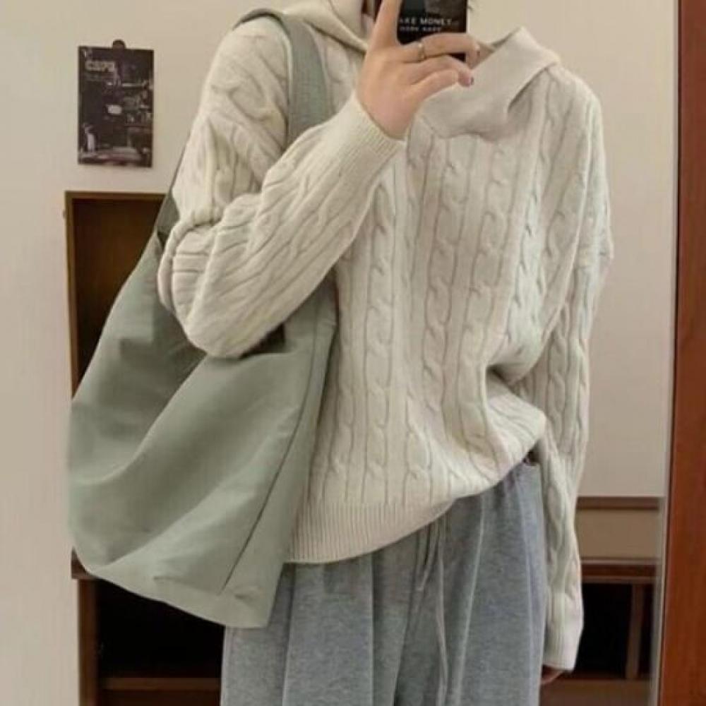 Navava Casual Cable Knit Long Sleeve Hooded Sweater Nk2419