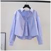 Spring Summer Folding Short Shirt Pleated Short Shirt Women's Blue Loose Long Sleeved Cotton Shirt