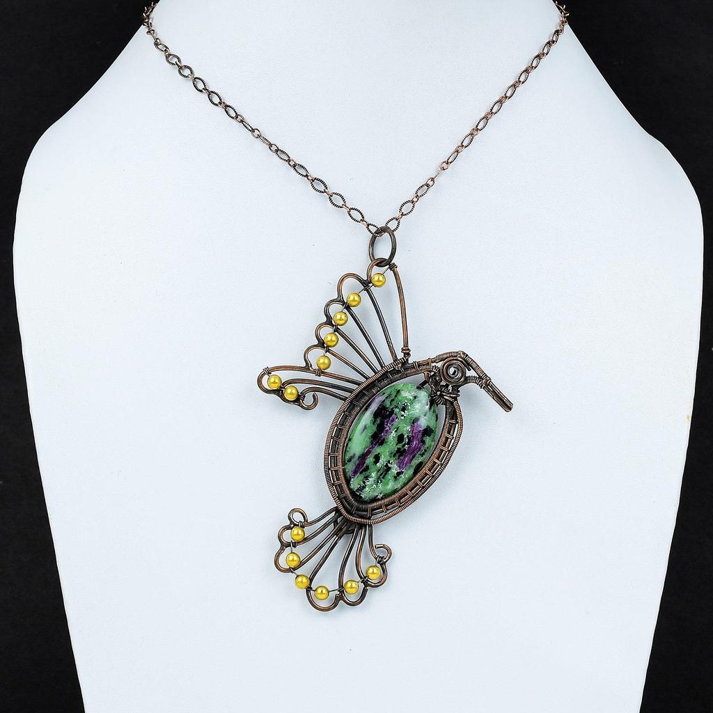 Ruby Zoisite Pendant Copper Wire Wrapped Pendant Ruby Zoisite Jewelry Gemstone Pendant Handmade Bird Pendant For Gift Antique Copper Jewelry