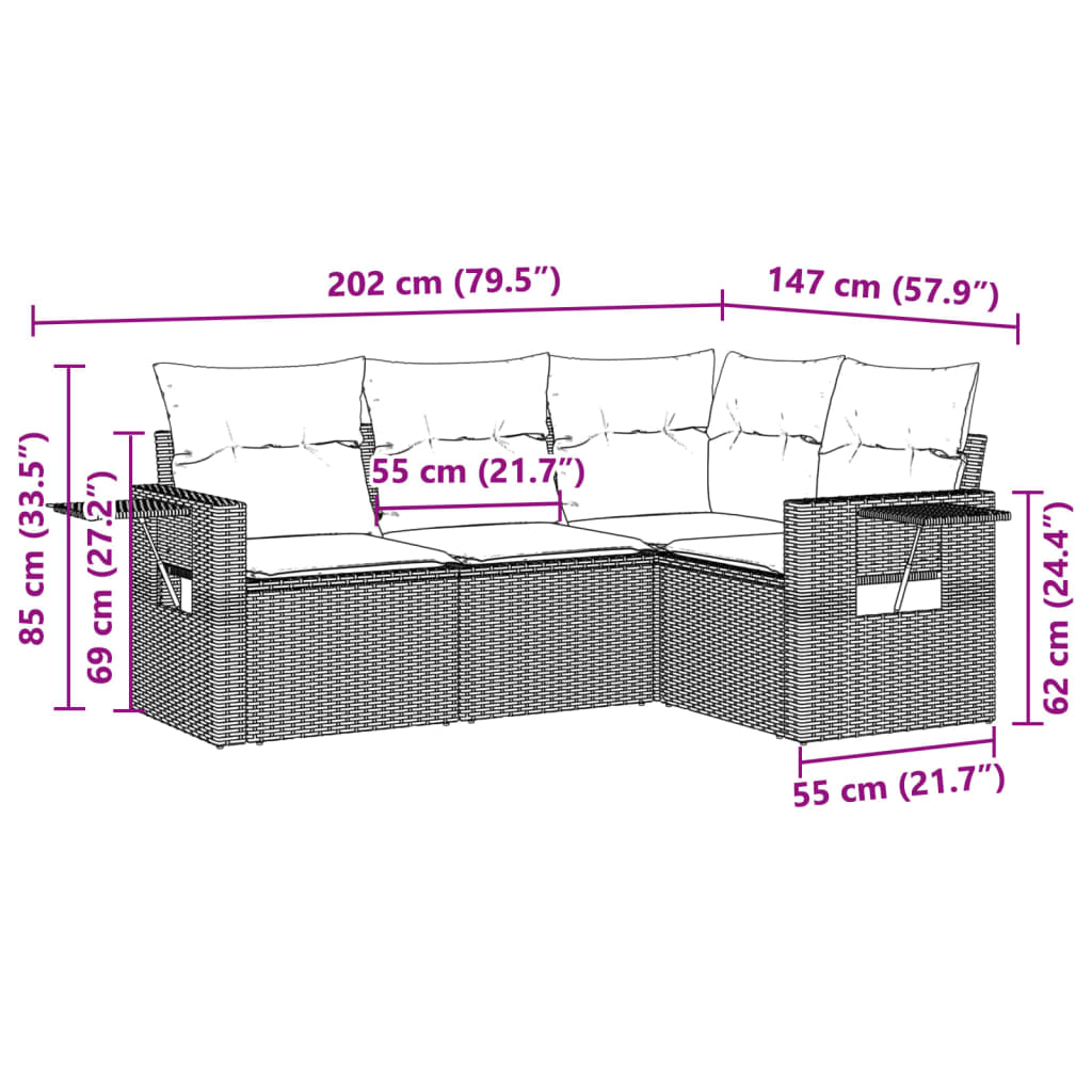 4 piece garden sofa set with cushions light grey poly rattan
