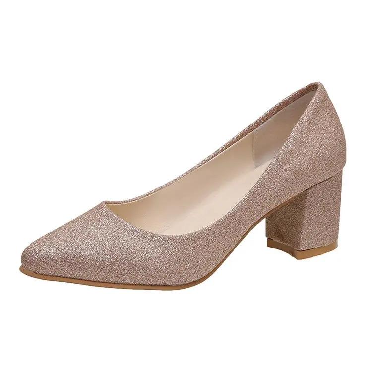 Мода 2024 Удобные женские блестящие туфли на высоком каблуке с острым носком Мягкие весенние Широкая версия Удобная золотая и серебряная обувь Большой размер 33-41