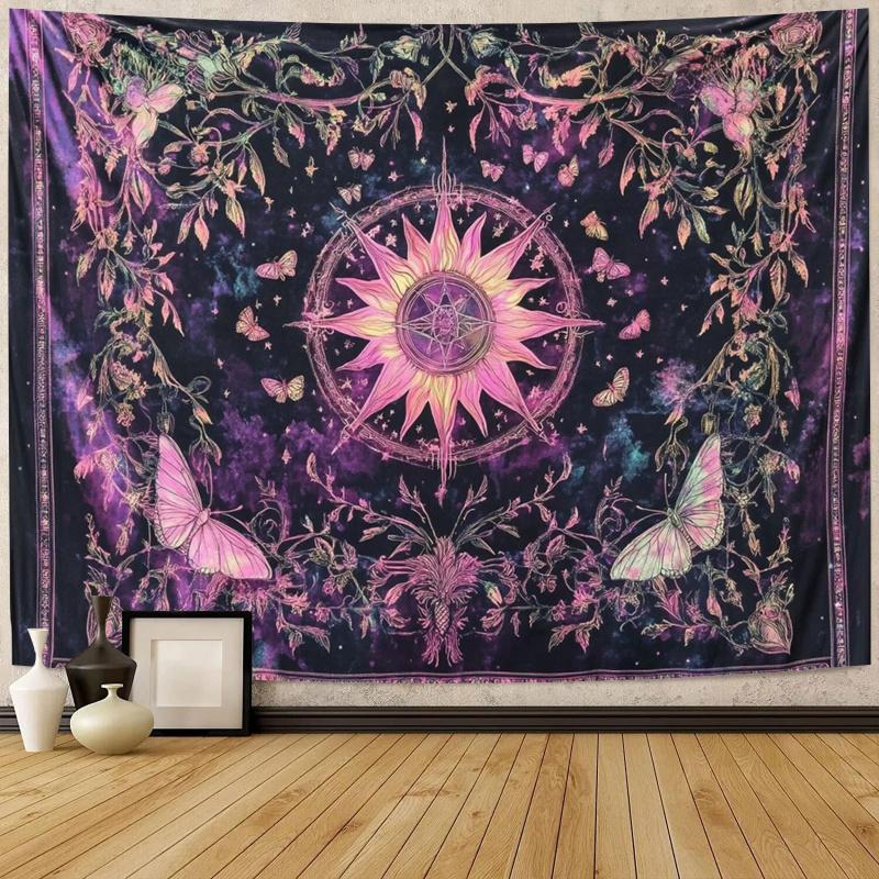 VIKAMA Mysterious Sun Butterfly Tapestry Gothic Style Starry Flower Decoration Cloth Meditation Room Tarot Room Decoration