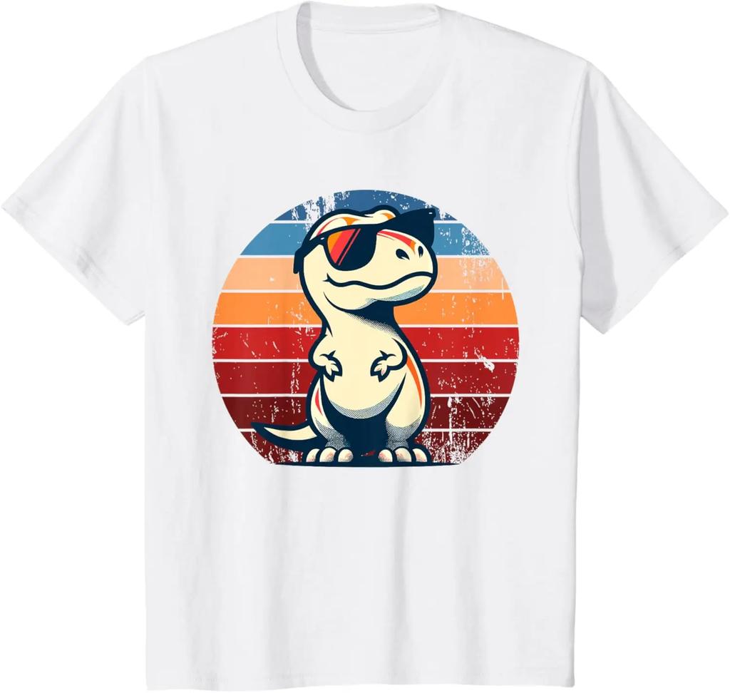 Men's dinosaur and Tyrannosaurus rex pattern printed 100% pure cotton short-sleeved T-shirt, retro and nostalgic Harajuku top