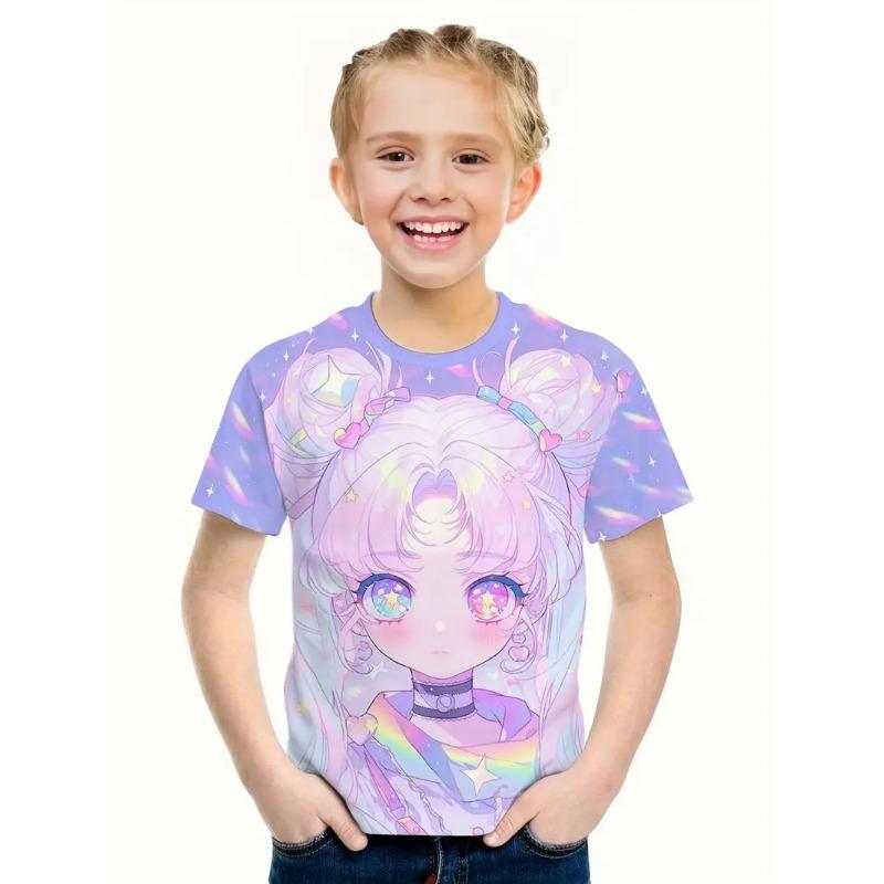 Одежда для девочек Футболки для девочек Топы с коротким рукавом Детская летняя одежда Футболки с принтом в виде мультфильмов и аниме Детская одежда