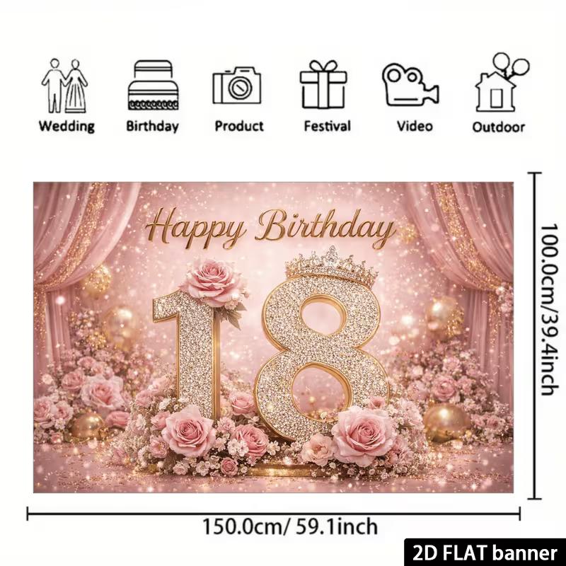 2D Flat Pink Gold 18th Birthday Banner Glitter & Floral Themed Backdrop for Adult Birthday Celebration