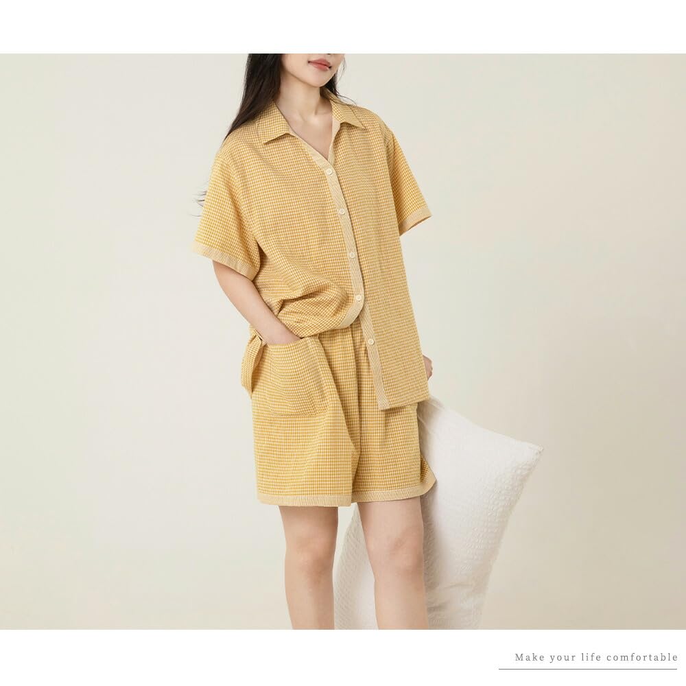 Да Семейный Пижамный Шорт из Двойной Марли Передняя Клетка Размер Желтый Женский Комплект, 100% Хлопок, Рукава, Разрез, Рисунок, XL,