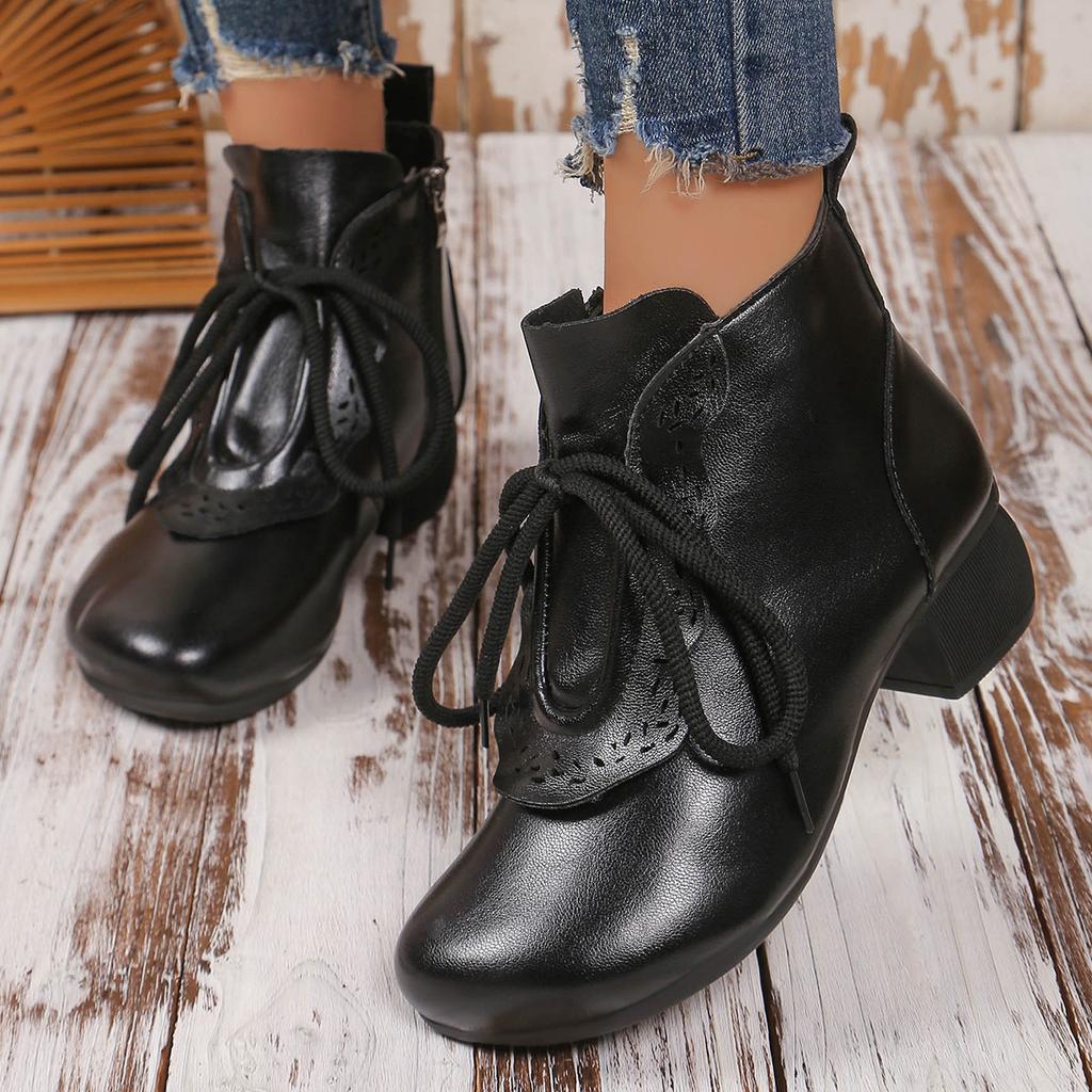 Round Toe Thick Heel Martin Boots for Women's Autumn and Winter New Casual Lace Up Short Boots