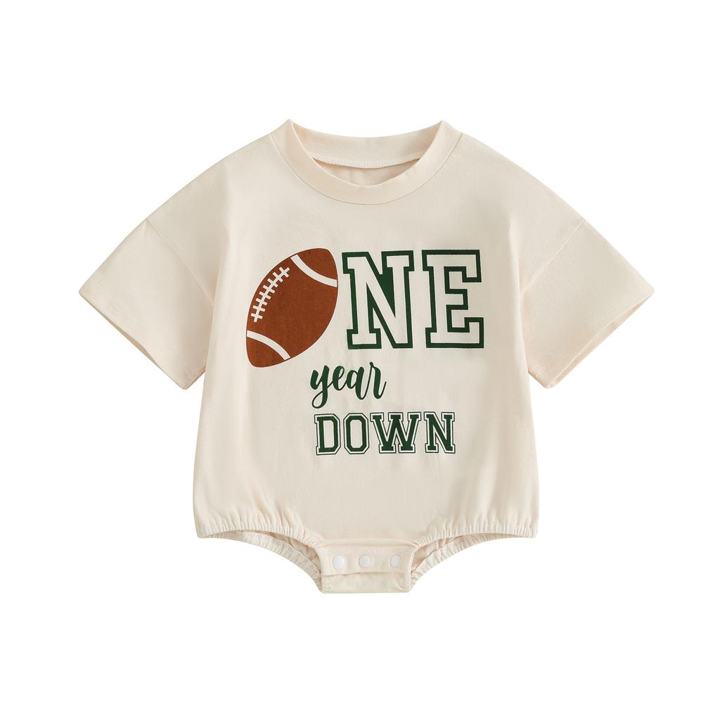 Baby Bubble Romper Football Letter Print Short Sleeve Round Neck Bodysuit Infant Playsuit