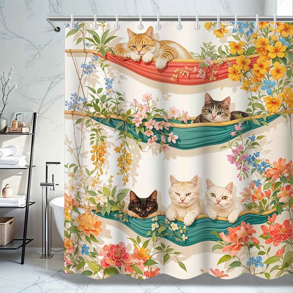 Winter Cat Hammocks & Flower Racks Shower Curtain - Cute Cartoon Animal Design, Perfect for Adorable Bathroom Decor