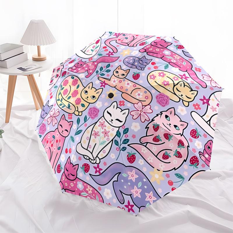 1pc Cat Floral Pattern Automatic Folding Umbrella - Portable Collapsible 8-Rib Umbrella for All Seasons Durable Canopy yy251119121