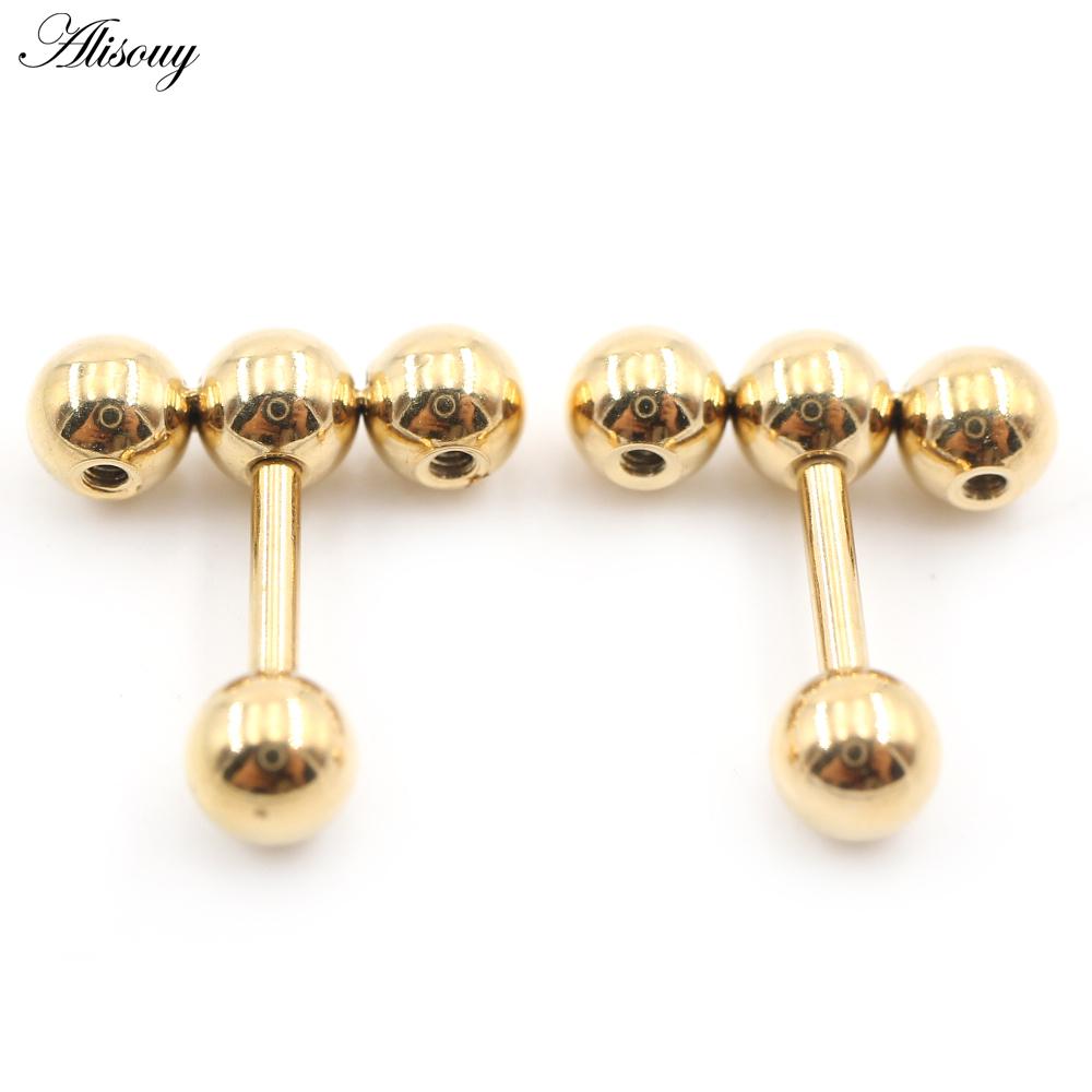 Alisouy 2PC нержавеющая сталь резьба три шарика фасоль женщины мужчины девушка серьги гвоздик хрящ винт серьги пирсинг ювелирные изделия