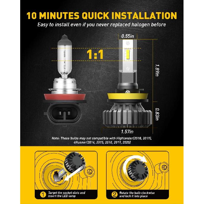 AUXITO H11 H8 H9 LED Bulbs, 400% Brighter, 6500K White Fanless Lights, Plug And Play Halogen Bulb Replacement H8 Fog Light, Pack Of 2