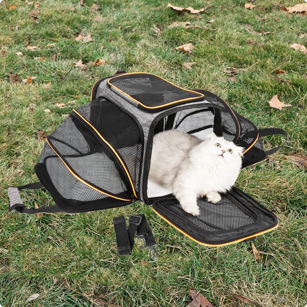 Portable Feline Travel Bag Multi-Entry Expandable Pet Carrier Mesh Pet Travel Carrier Easy to Clean Included Tether for Outdoor
