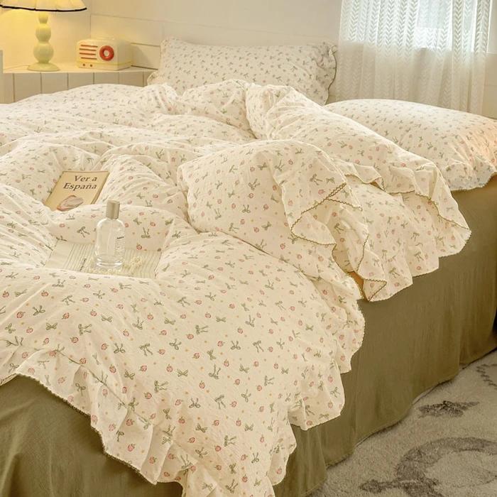 Princess Style Bedding Sets Ruffle Lace Bow Quilt Cover Romantic Bedclothes Decor Woman Girls Bedroom Duvet Cover 4pcs