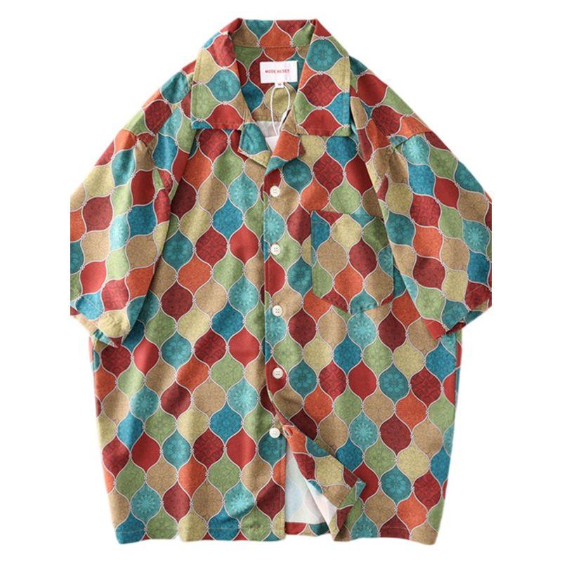Рубашка с кубинским воротником Мужская с коротким рукавом Ретро Летняя Свободного кроя Ледяной шелк Модная Модная Куртка Экспорт Экспорт Мужская рубашка