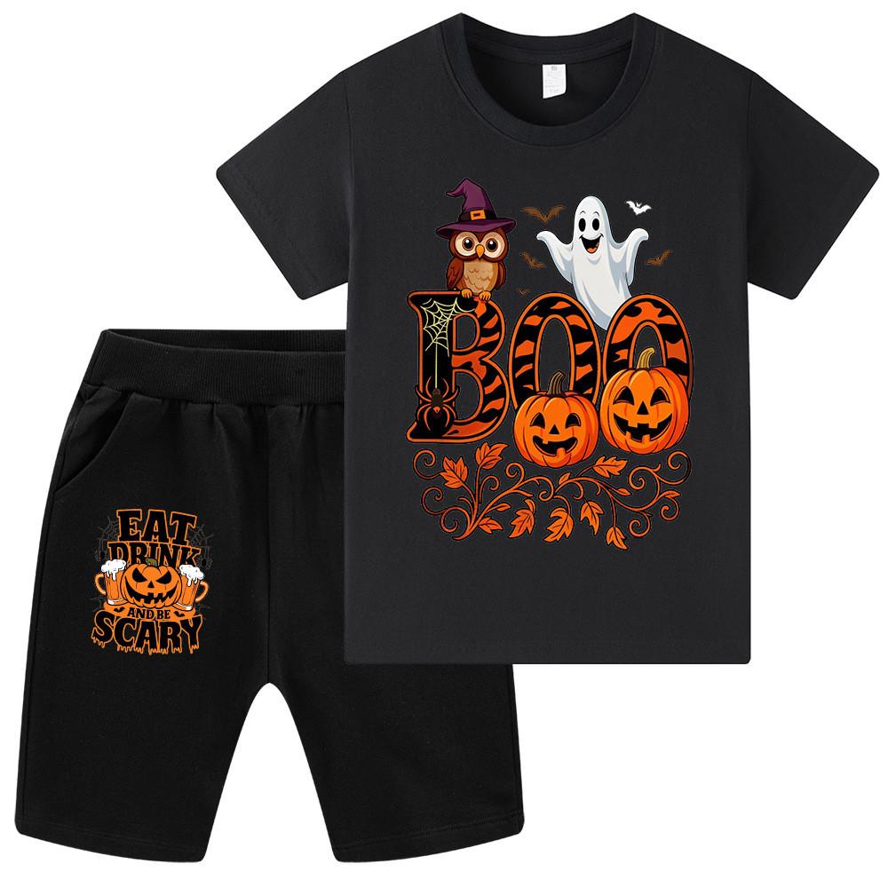 WA1649 Kids Boys Girls Halloween Owl Ghost Print Short Sleeves T-shirt Shorts Sets