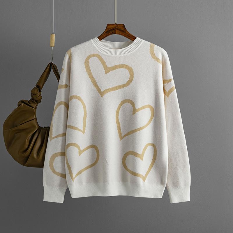Autumn Winter Round Collar Love Bump Color Sweater Loose Knitted Pullover
