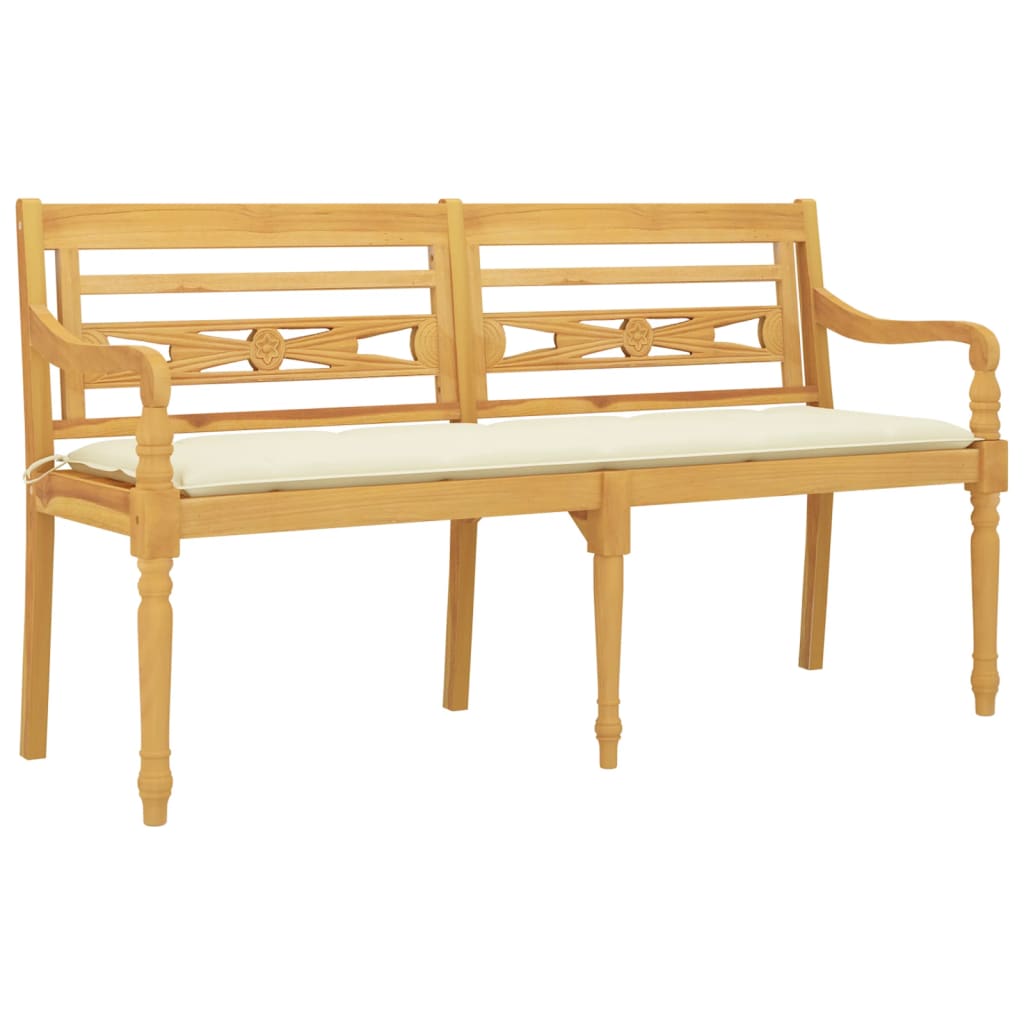 Vidaxl Ławka Batavia Z Kremowa Poduszką, 150 Cm, Lite Drewno Tekowe