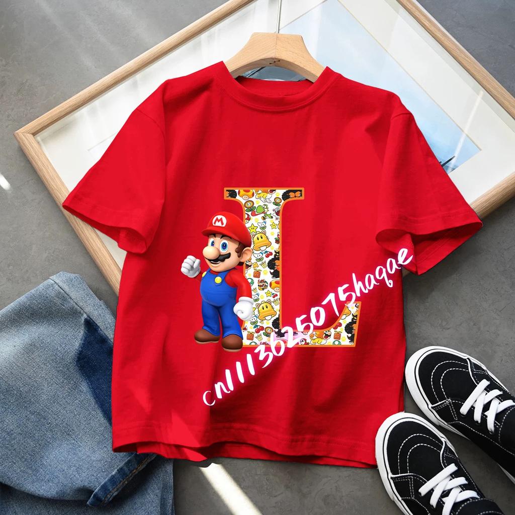 Super Mario Anime Birthday Lucky letter AZ Print T Shirt Cute Children Clothing Tops Toddler Tees Casual Clothes Tops Tees
