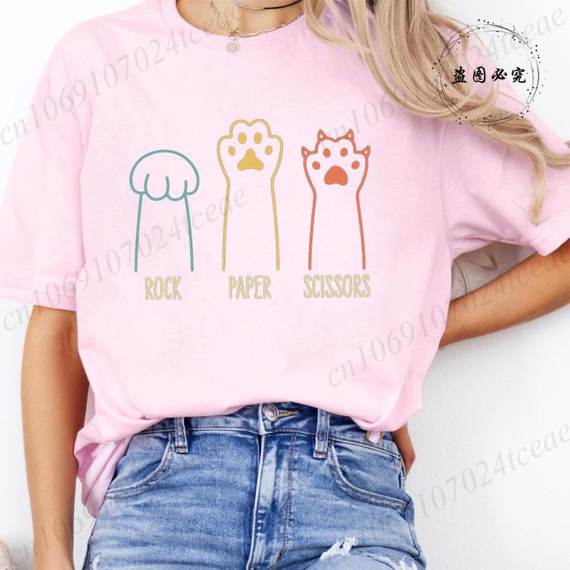 Rock Paper Scissors Tshirt Funny Cat Paw Print T-Shirt Summer Fashion Cat Lover Tshirt Women Men Short Sleeve Tee Shirt Clothing