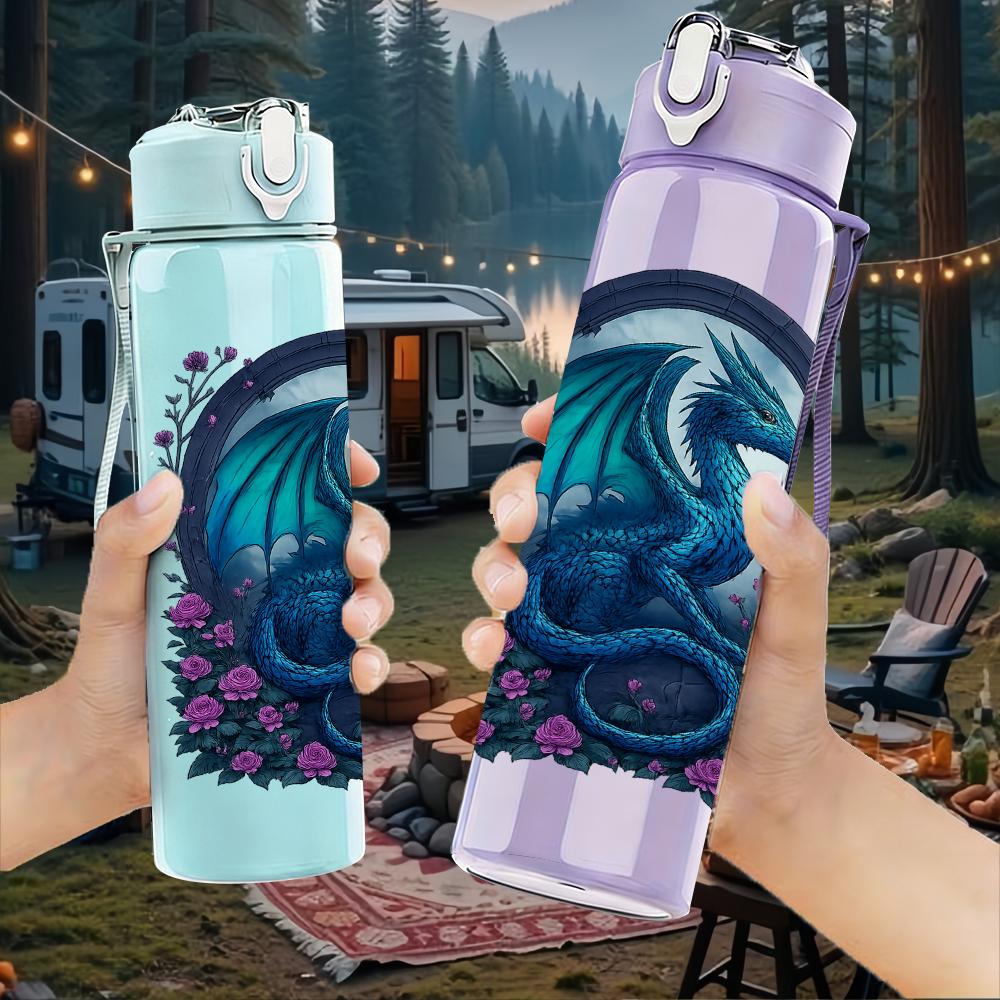 1PC Dark Blue Dragon Emblem 750ml Color Plastic Sports Water Bottle Leakproof Flip Straw Lid For Sports Office Home Use