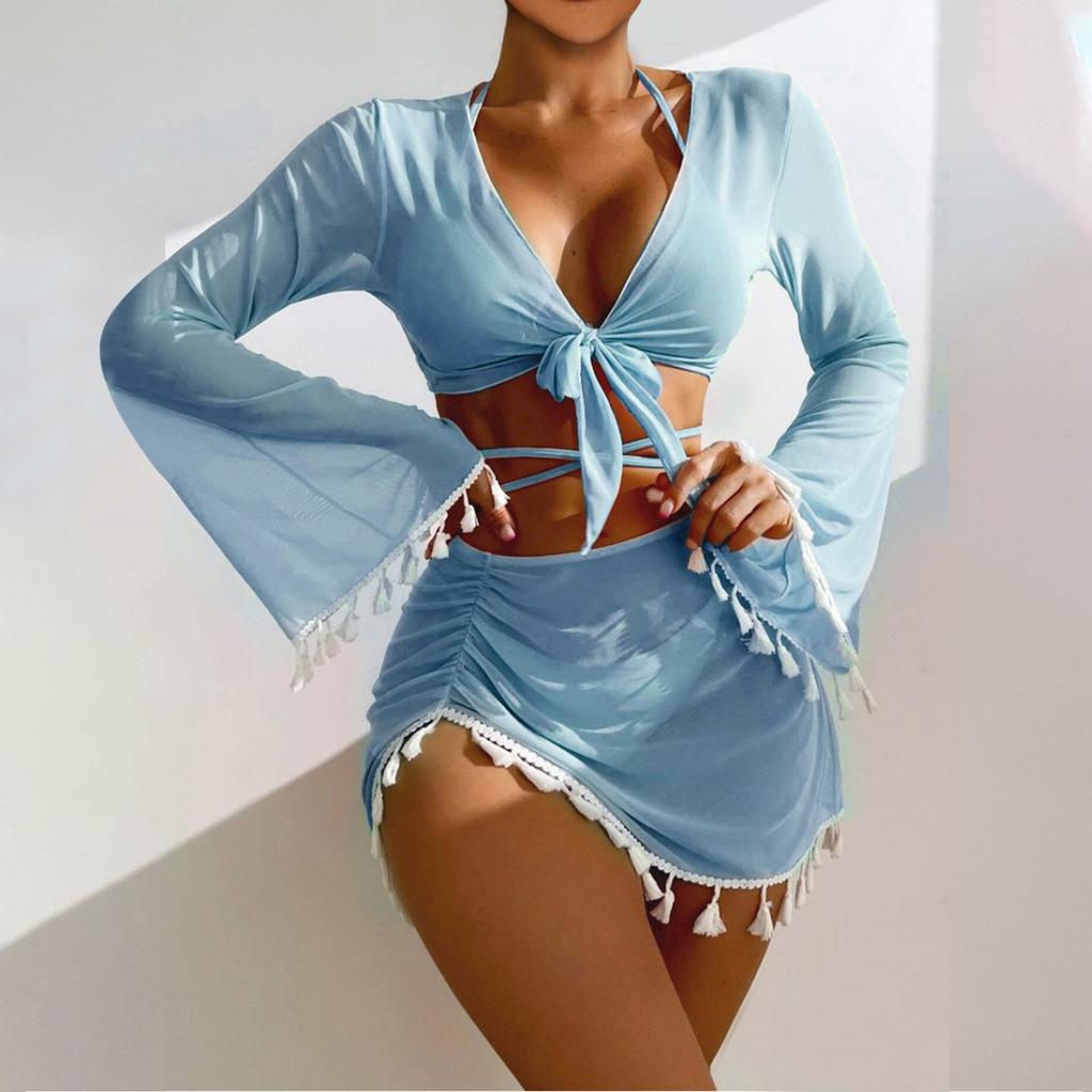 Женский однотонный купальник, женский купальник с разрезом на тонких бретельках и высокой талией, комплект из четырех предметов