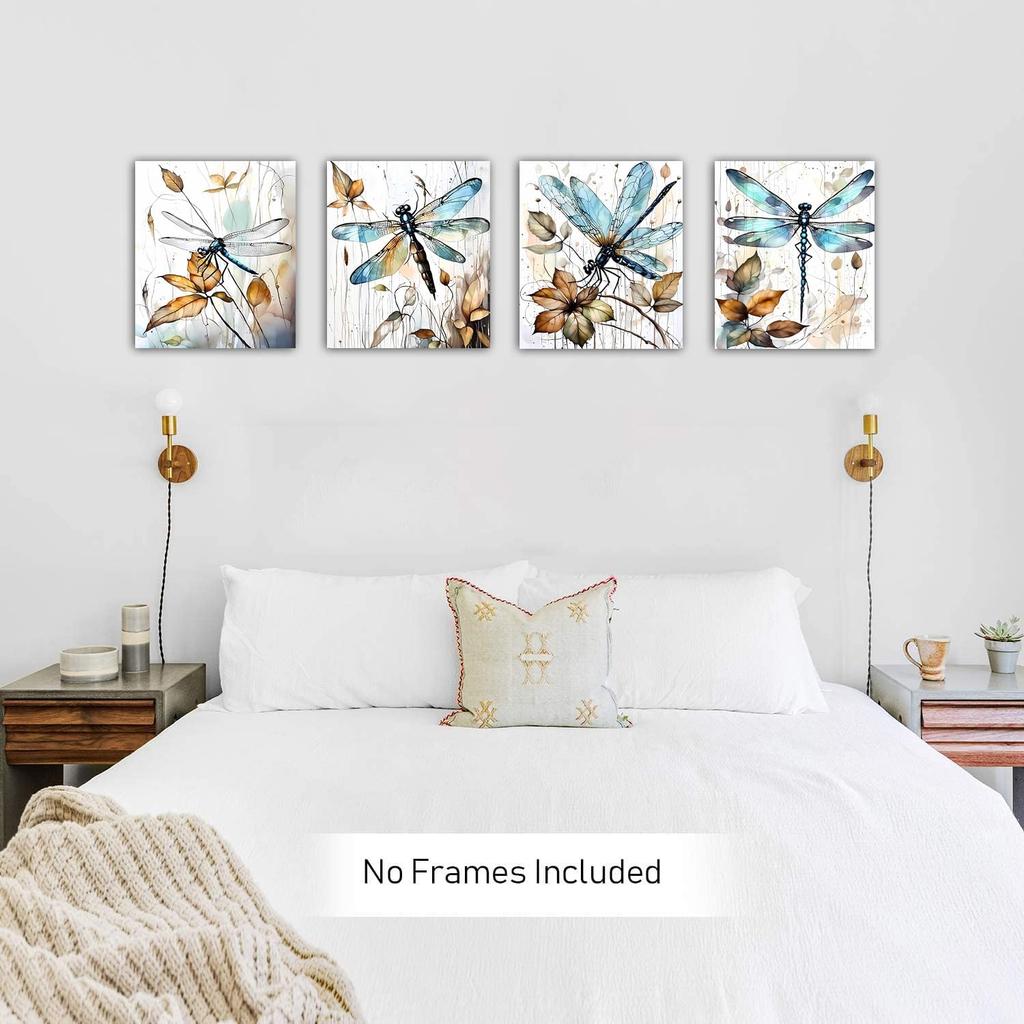 Dragonfly Wall Art, Set of 4 (Unframed, 8x10 Inch) - Canvas Art Prints for Bedroom, Living Room, Bathroom Decor