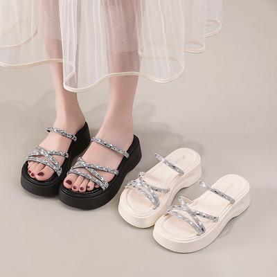 2025 лето новые шлепанцы на толстой подошве с бриллиантами, модные шлепанцы для интернет-знаменитостей, увеличивающие рост, маленькие крутые шлепанцы