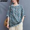 Летние повседневные женские льняные толстовки с короткими рукавами, винтажные тонкие топы с цветочным принтом, свободные синие футболки с цветочным принтом, 2022