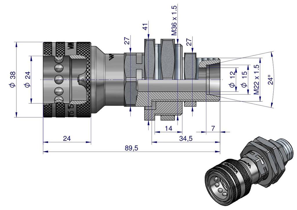 Szybkozłącze Hydrauliczne Gniazdo Long Z Eliminatorem Ciśnienia M22X1.5 Gwint Zewnętrzny Euro (504900) (9199822G/St) (Iso 7241-A) Waryński