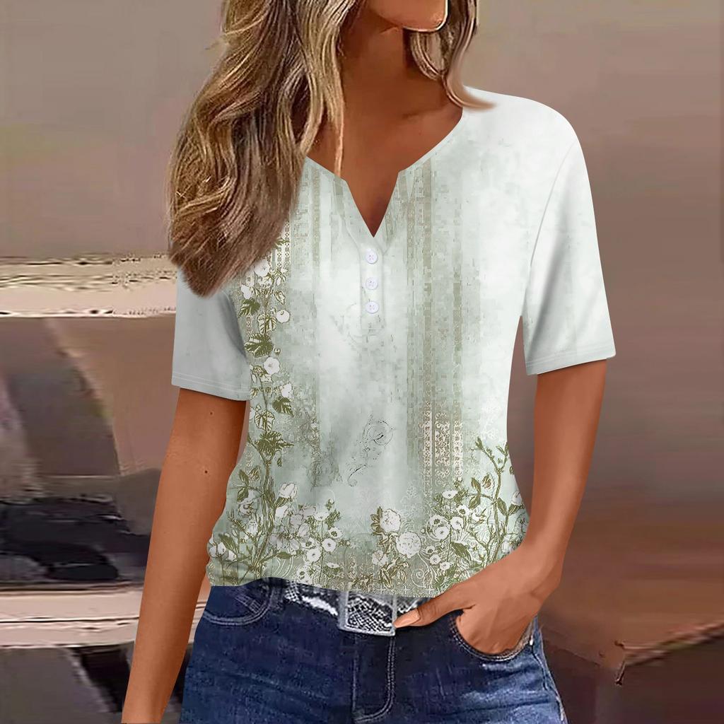 Жен. Футболка Футболка С принтом Пуговицы С короткими рукавами Повседневные Выходные Мода Классический V-образный вырез Обычный Верх