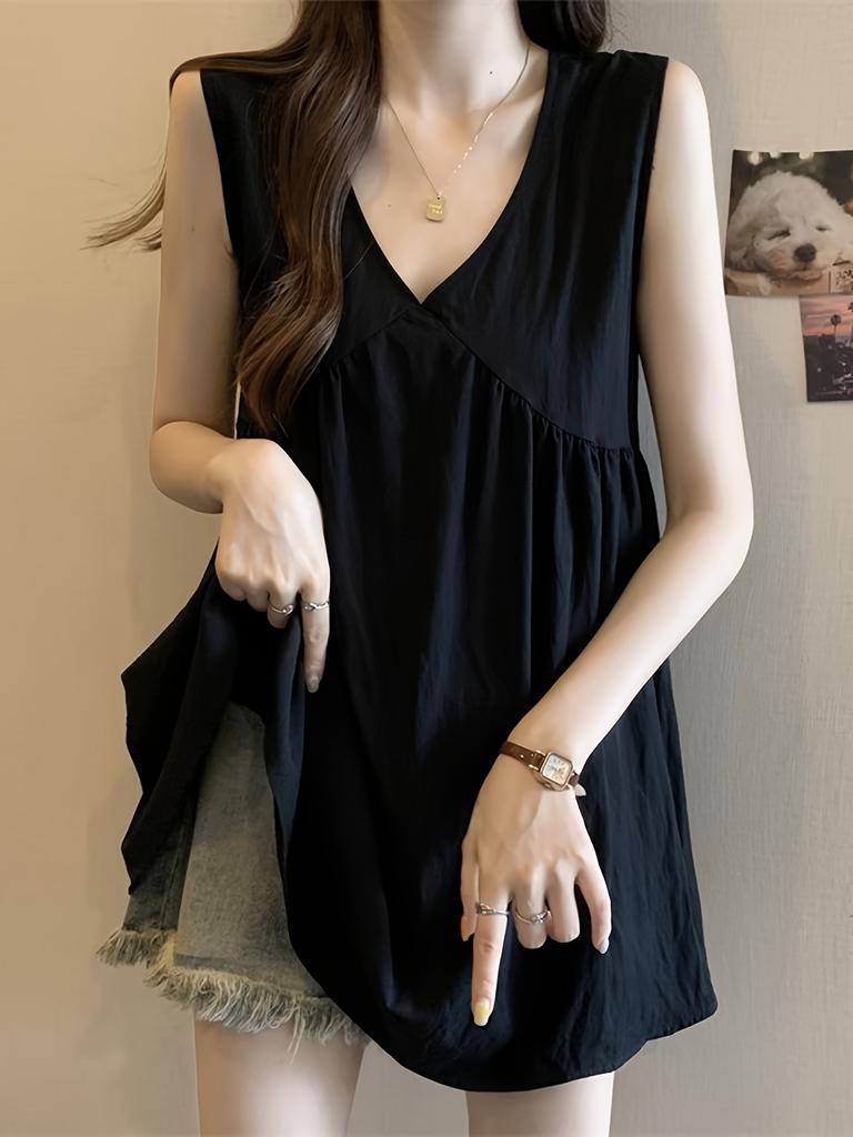 Black Solid Long Camisole Top With V-Neck A-Line Loose For Casual Spring