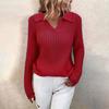 V Neck Turn-Down Collar Long Sleeve Knitted Sweater Autumn Winter Solid Color Slim Sweater Jumper Female Clothing