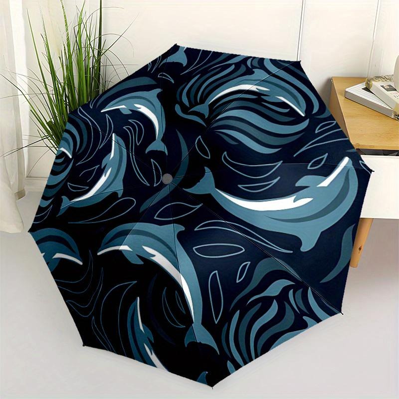 1pc Dolphin Waves Automatic Open/close Folding Compact Umbrella, 8-Rib Sturdy Canopy, Lightweight Portable, Commuting Use, Gift, 090