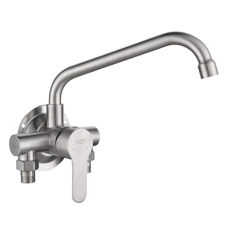 304 Stainless Steel Wall Mount Kitchen Faucet Hot Cold Water Mixer Tap for Laundry Sink Vegetable Basin Surface Mounted Spout