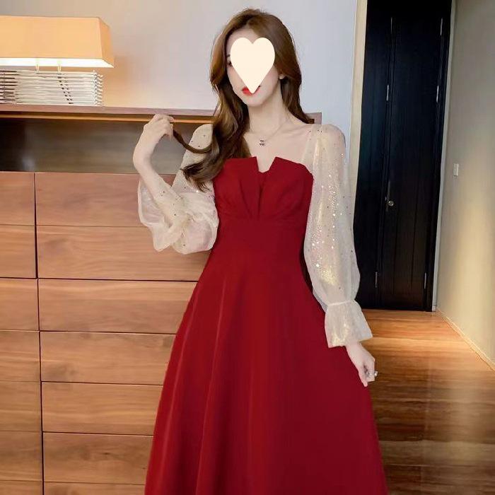 Элегантное красное платье во французском стиле для женщин – весна/осень 2025 г., свадебная помолвка и повседневная одежда