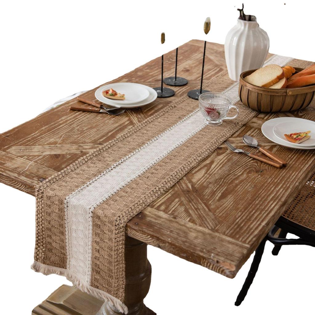 Yun Cotton-Linen Patchwork Table Runner with Two-Color Tassels - Natural Material, American Country Festival Style