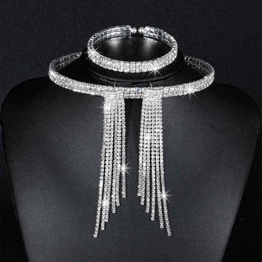 Роскошные высококачественные 2 ряда сверкающих бриллиантов, ожерелье, серьги, браслет, 3 предмета, набор модных свадебных украшений, аксессуары для платья