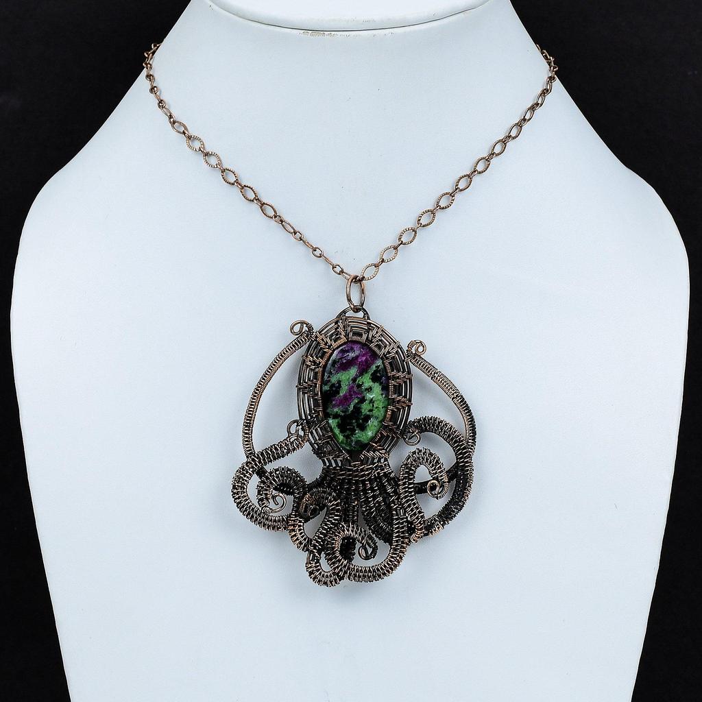 Подвеска из рубина и цоизита, подвеска из медной проволоки, ювелирное изделие в виде осьминога, подвеска из драгоценного камня, медное украшение ручной работы, подарок для него, ювелирное изделие в виде проволоки