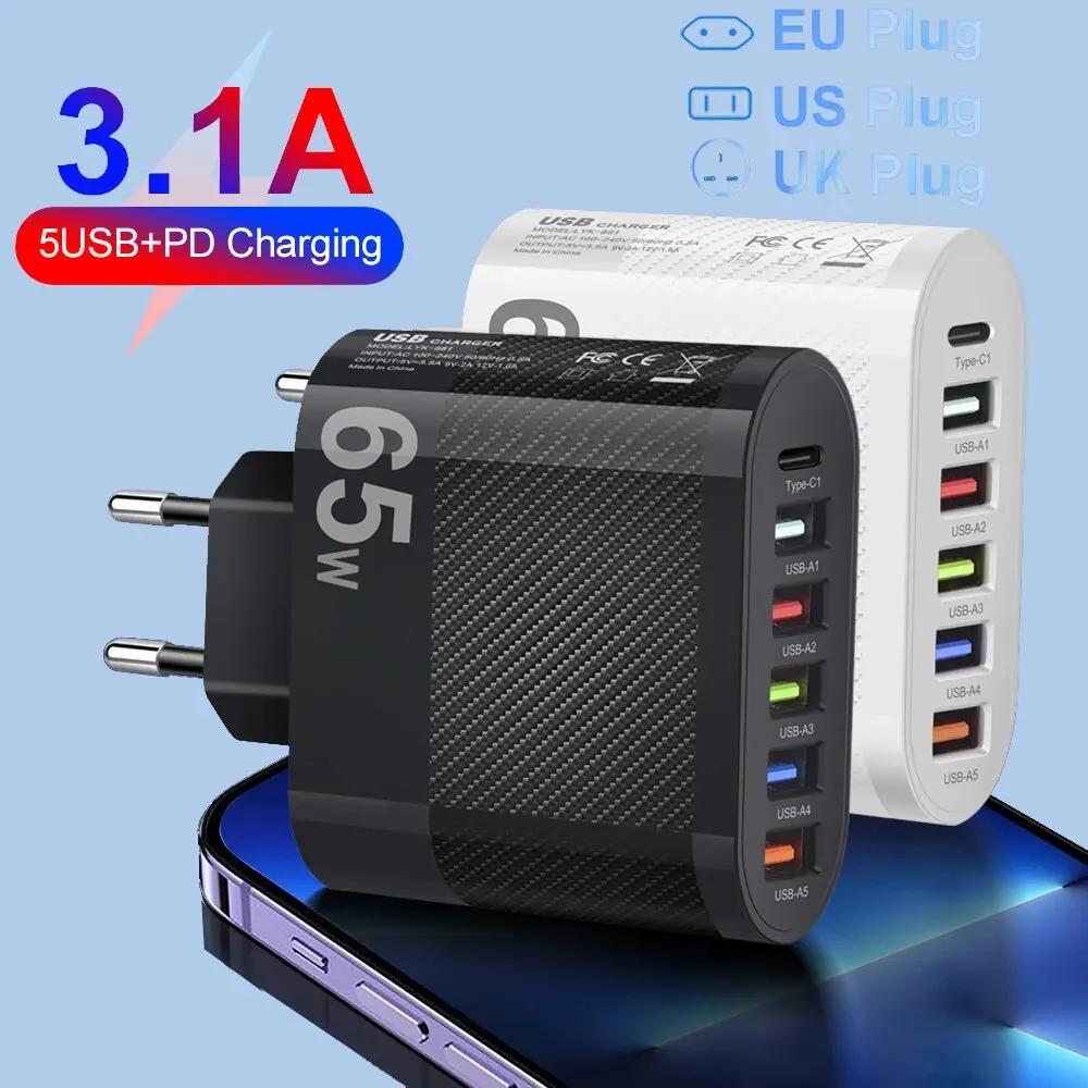 3.1A 6-портовое USB-зарядное устройство PD-адаптер Общая мощность 65 Вт Для Xiaomi iPhone 15 Samsung S24 Мобильный телефон Быстрая зарядка QC 3.0 Сетевое зарядное устройство
