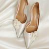 Мода 2025 Новые Белые Остроносые Туфли на Высоком Каблуке Французский Темперамент Обувь для Невесты Подружки Невесты Туфли-Лодочки для Свадебного Платья