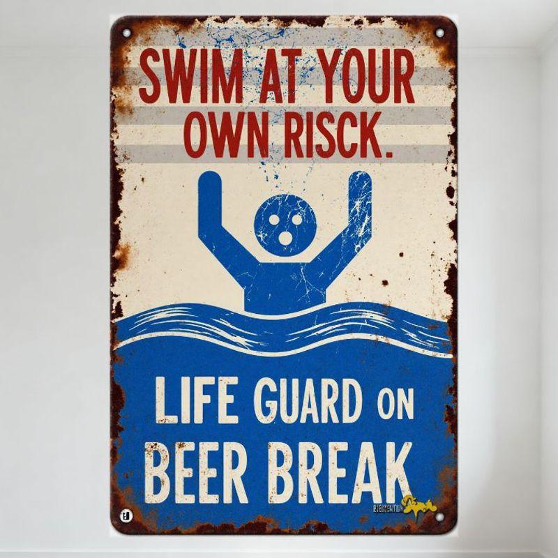 Vintage Swim At Your Own Risk Metal Tin Sign with Lifeguard Beer Break Illustration - Humorous Warning Plaque for Home Bar Man C