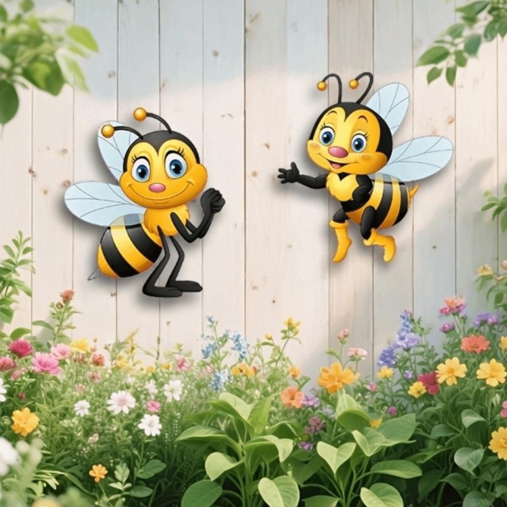 2Pcs Sun Resistant Garden Bee Hanging Plaque 2D Flat Outdoor Bee Art Hanging Courtyard Outdoor