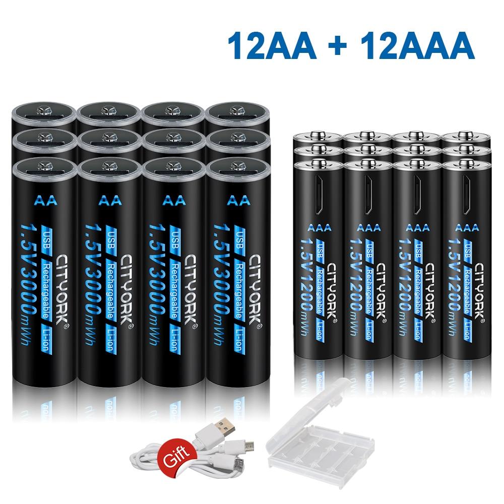 Cityork 1,5 В USB литий-ионные аккумуляторы типа AA+AAA AAA 1200 мВтч AA 3000 мВт литиевая батарея 1,5 В AA AAA с USB-кабелем
