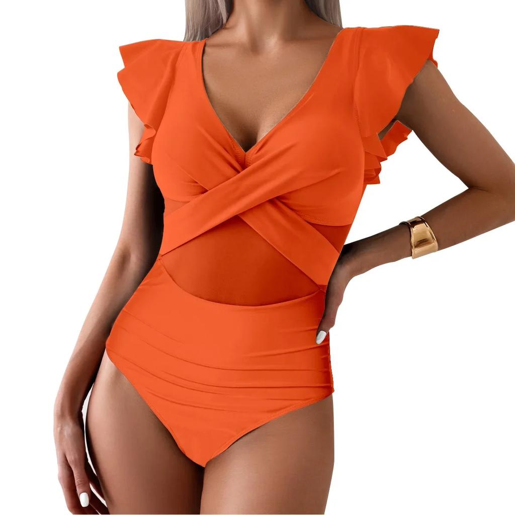 Женский купальник 2025 года, тренд, утягивающий живот, V-образный вырез, сексуальный, бикини, купальные костюмы, облегающий крой, рукава-оборки, купальники