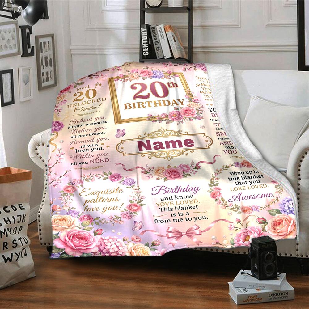 20Th Birthday Floral Celebration Blanket Comfortable Texture For Sofa Couch Office Bed Picnics Allseason Use Cozy Home Lovers Ideal Gift For Birthday