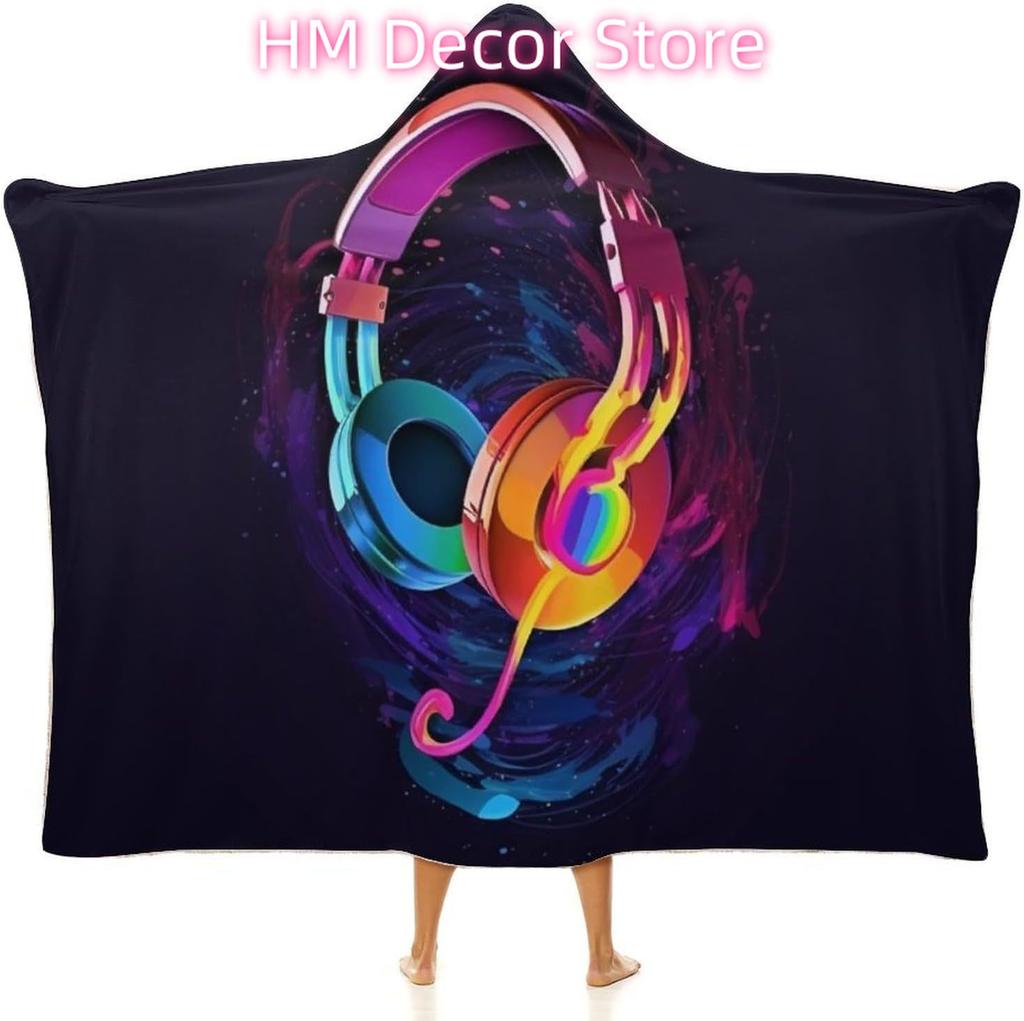 Color Gradient Music Wearable Hooded Blanket, Ultra Soft Arctic Velvet Cape Cloak Unisex - Cozy Wearable Blanket