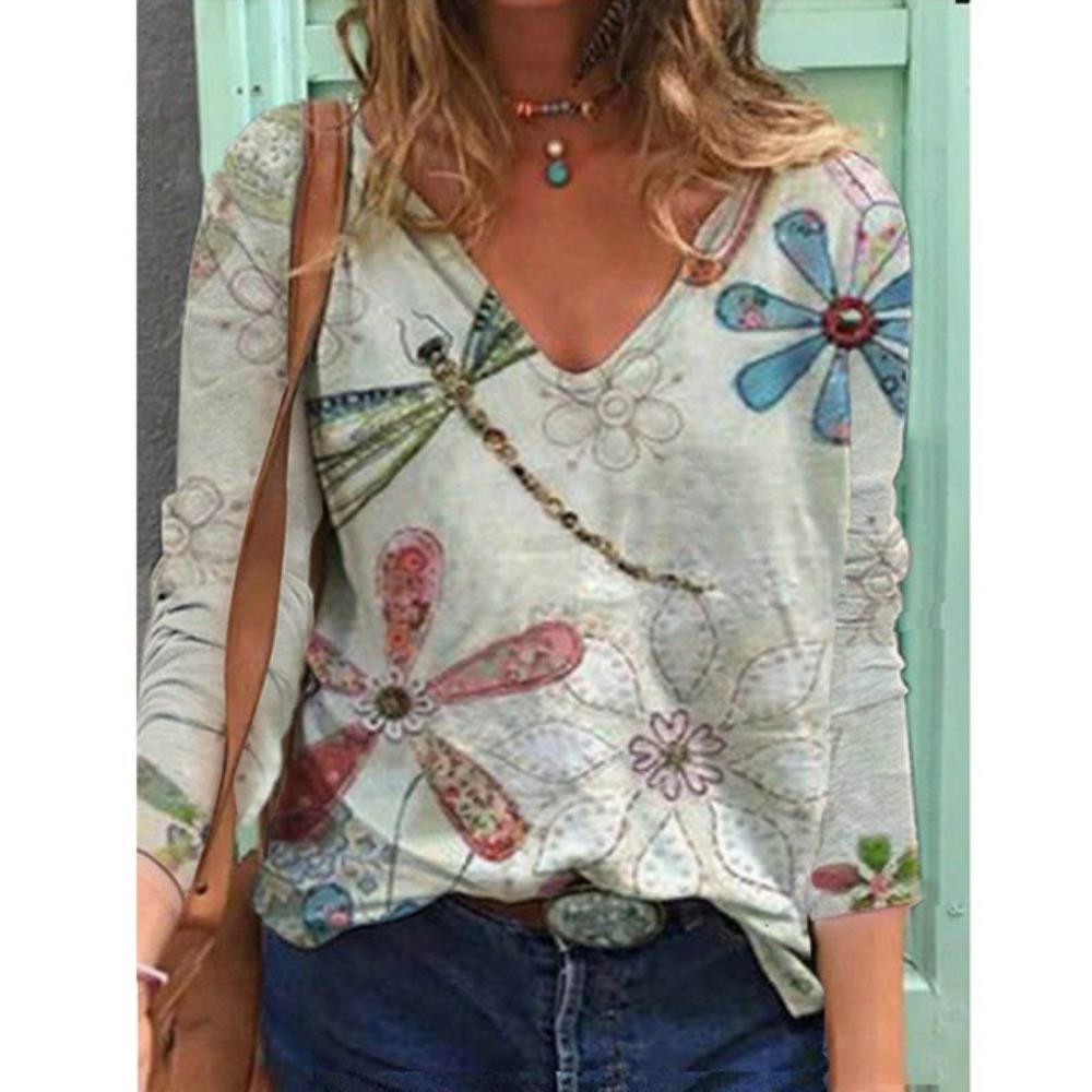 Футболка с длинными рукавами и V-образным вырезом, выполненная с цифровой печатью, для женщин, красивая и очаровательная, становится лидером в индустрии моды.